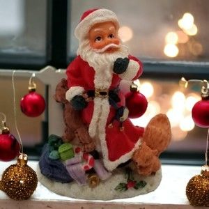 Enesco Santa Holding Teddy Bear Squirrel Toy Bag Figurine Seasonal